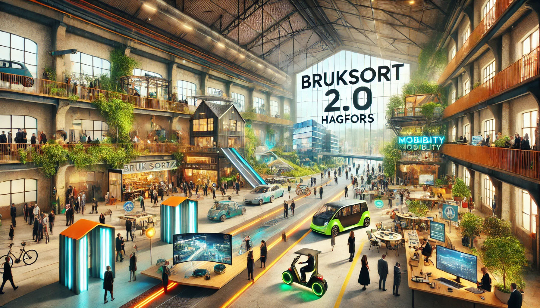 En futuristisk bild på en stor lokal med personer, växter, bilar, datorer osv. Texten "Bruksord 2.0 Hagfors"