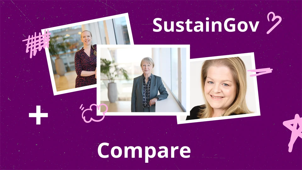 Kollage med bilder på tre kvinnor mot lila bakgrund.